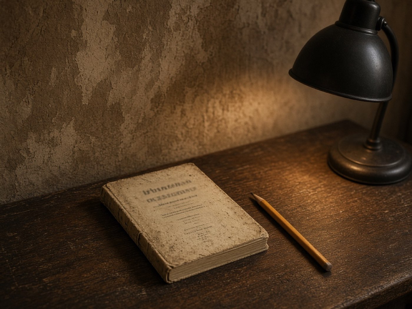 A worn paperback under the desk lamp