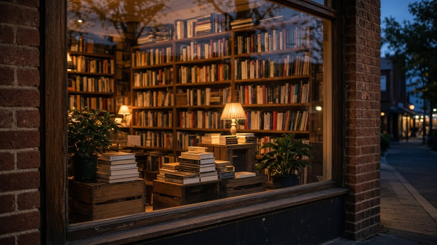 The bookshop window at dusk